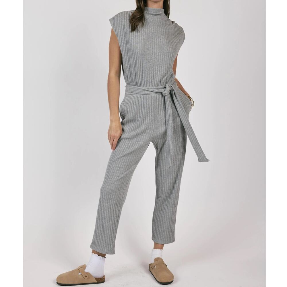 Sage the Label Less is More Jumpsuit Womens L Grey Rib Knit Belted Shoulder Pads
